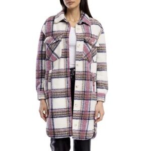 NEW Blank NYC Wool Blend Plaid Long Shacket in Pink/Grey, Size M